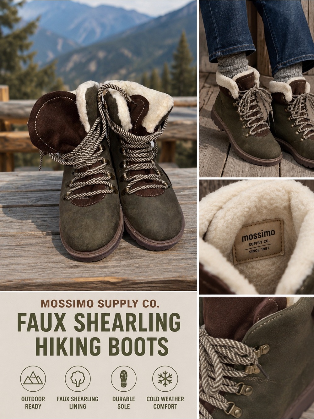 Mossimo Faux Shearling Hiking Boots Cozy Cabincore Winter Lace Up Boots Size 7